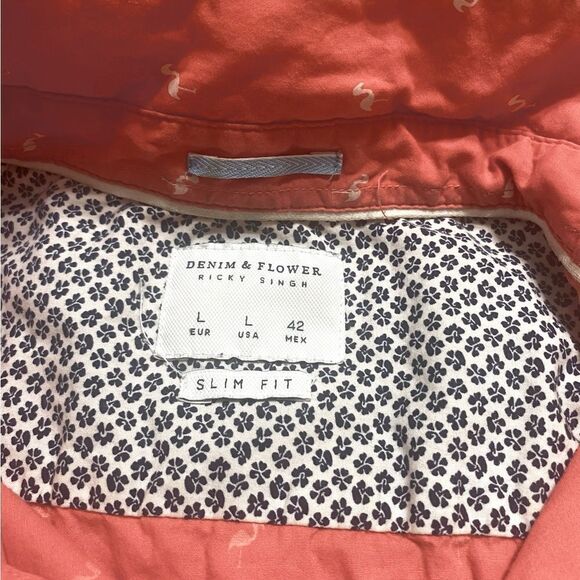 Denim & Flower Men’s Sz Lrg Salmon Short Sleeve Flamingo Button Down Shirt - Picture 4 of 5